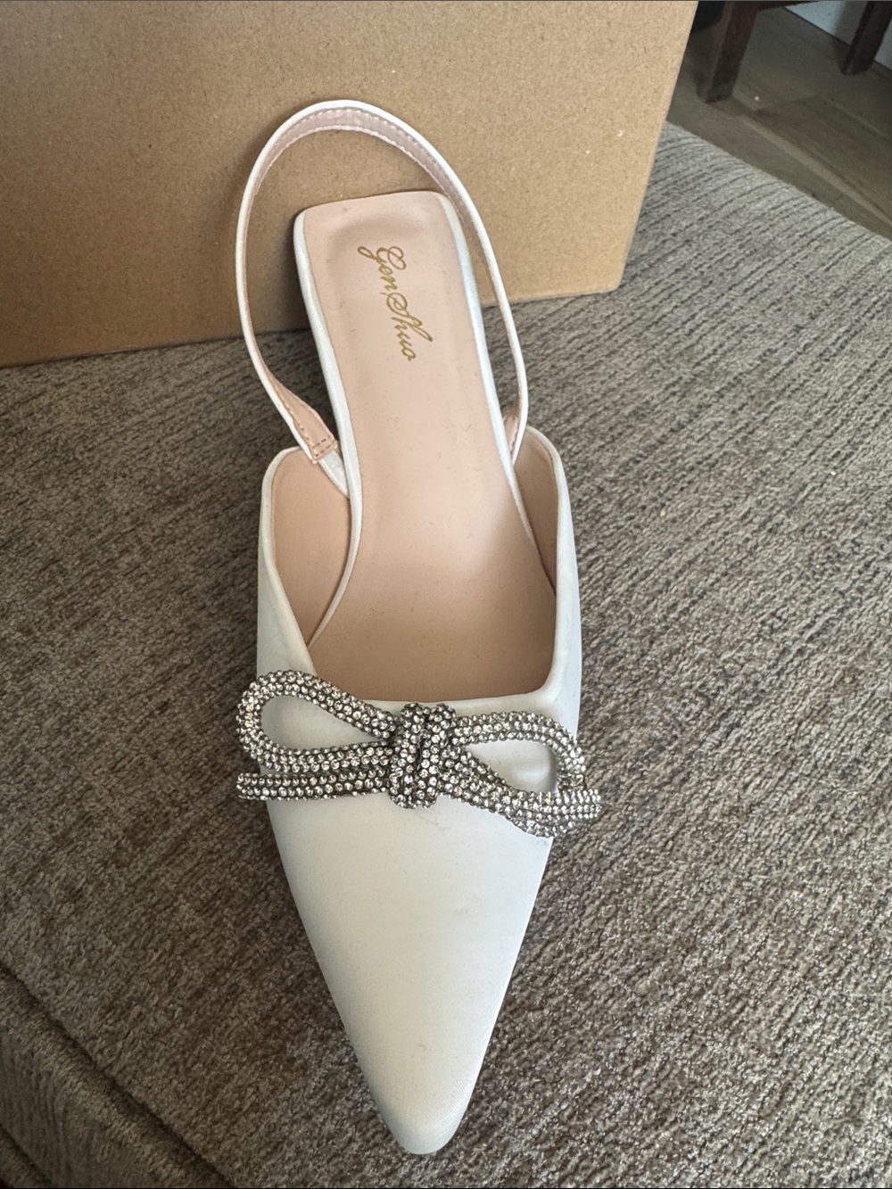 Genshuo Cream Pointed Slingback with Crystal Bow Accent